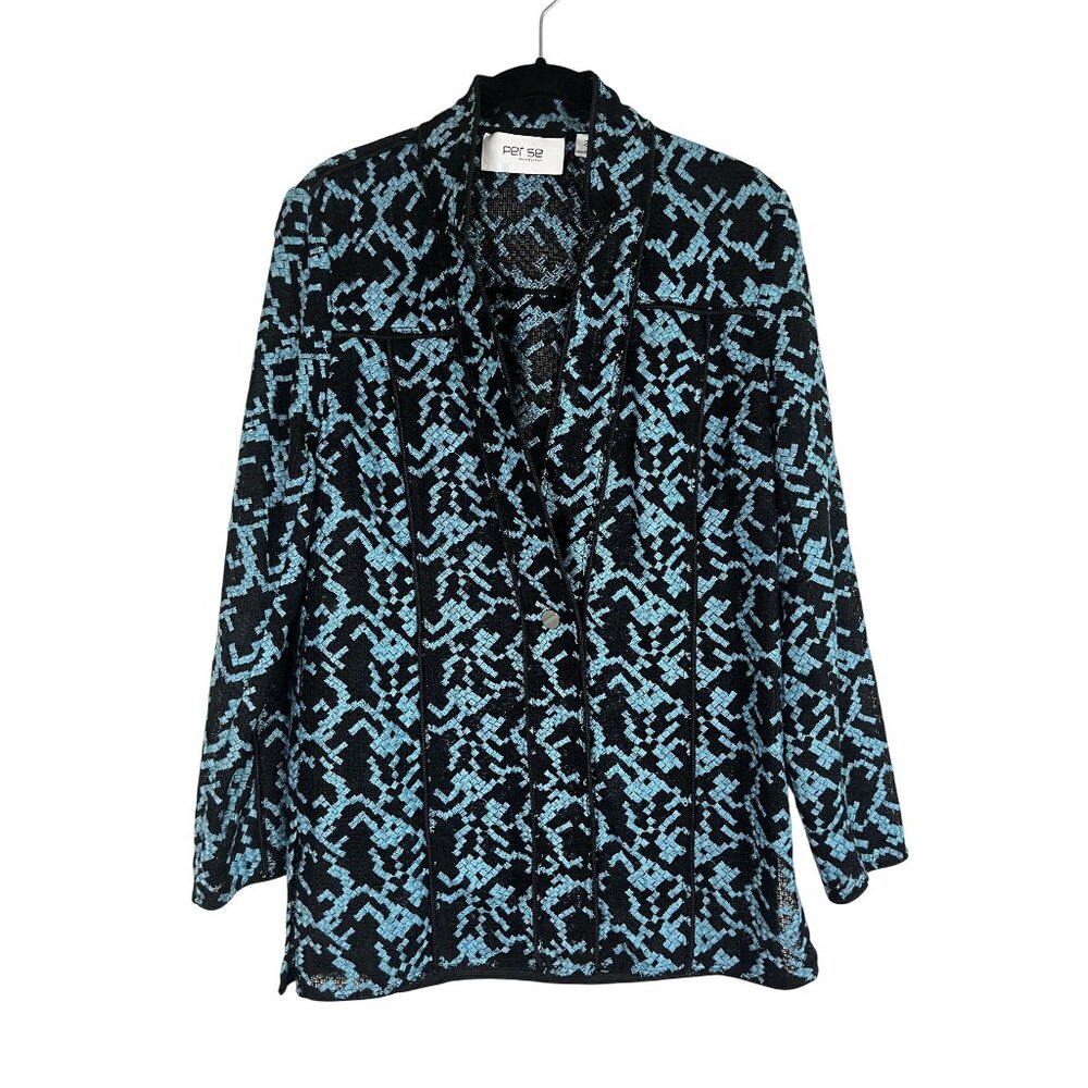 Per Se Sheer Blazer M Blue Geometric Old Money Luxury Preppy Chic Resort Classic